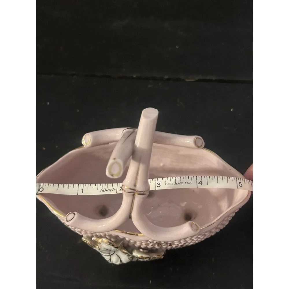 Vintage L&M Lipper & Mann Pink Porcelain Basket Floral Gold Trim Handled Decor